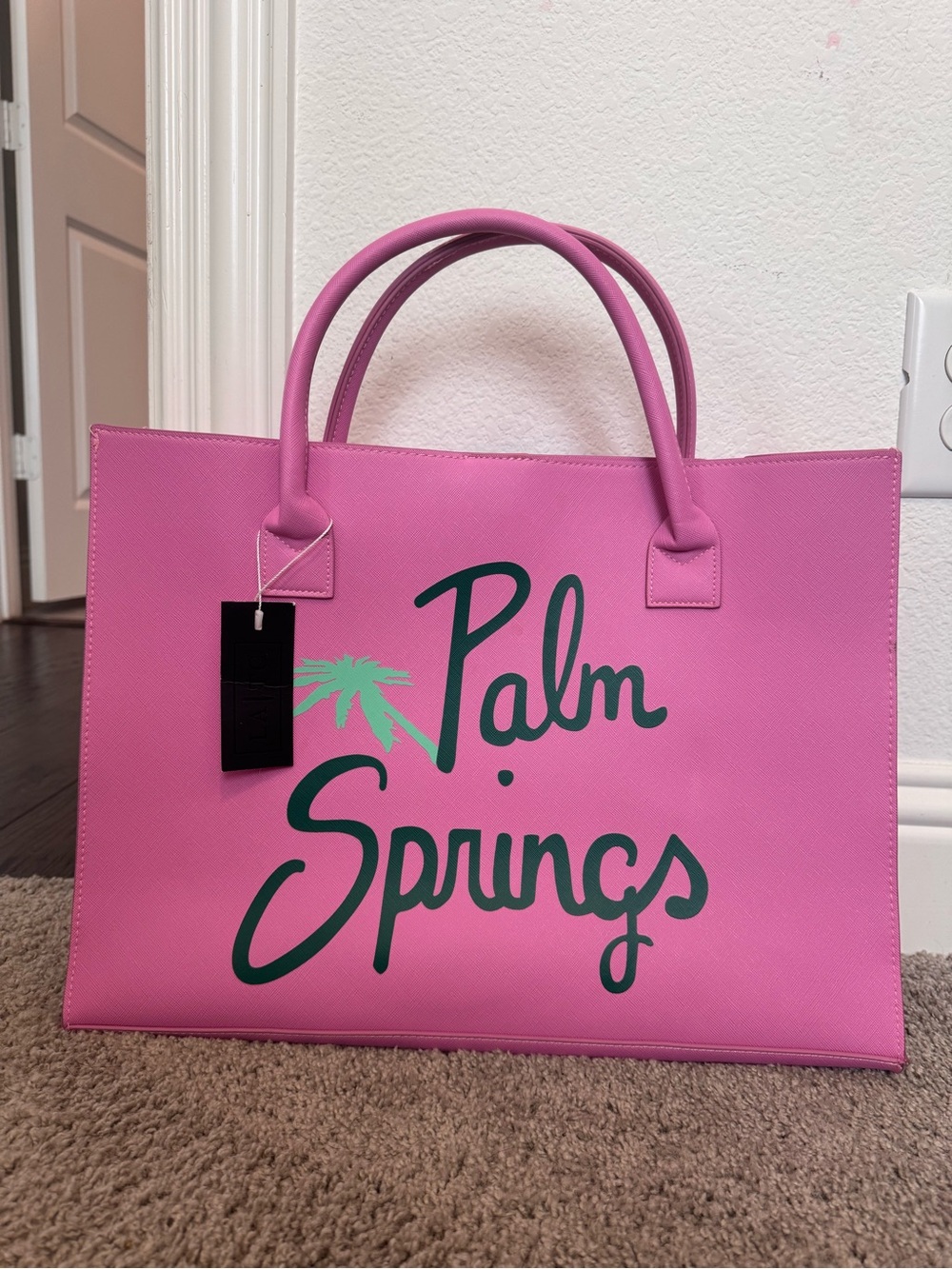 Pink Palm Springs Script Tote Bag with Green Accent - Women's Tote